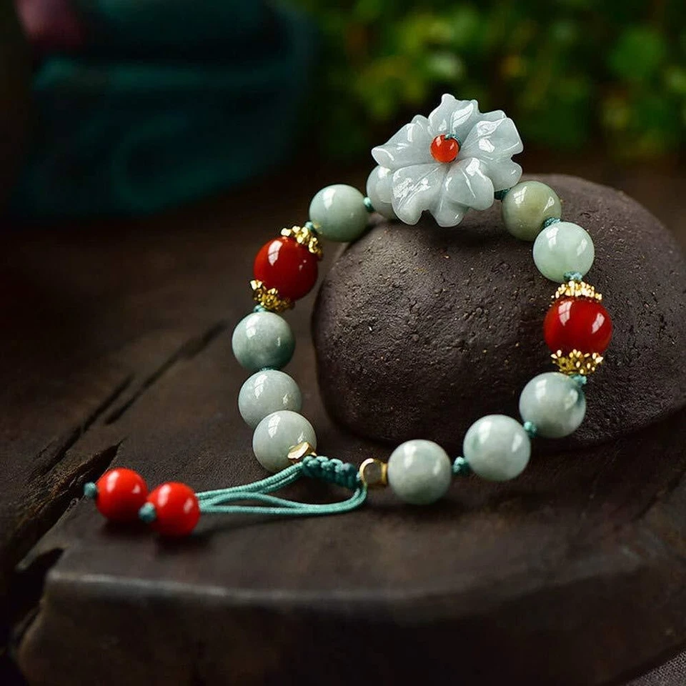 Brazalete ajustable flor esmeralda jade natural joyería mujer amuleto Foto 3 de 4