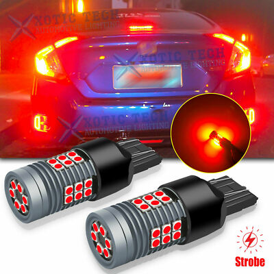2x 7443 7443NA LED Strobe Blinking Flashing Brake Light Bulbs Safety Warning RED