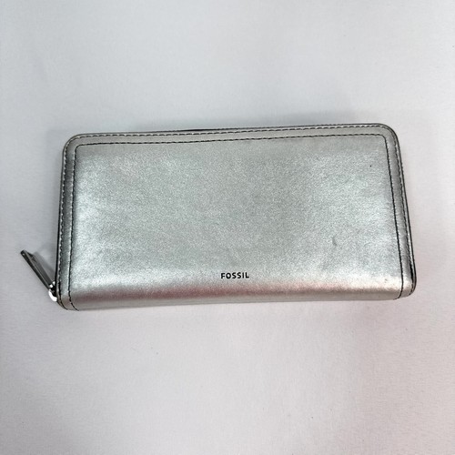 Vtg Fossil Women's Silver Leather Zip Around Clutch Accordion Wallet Card READ!