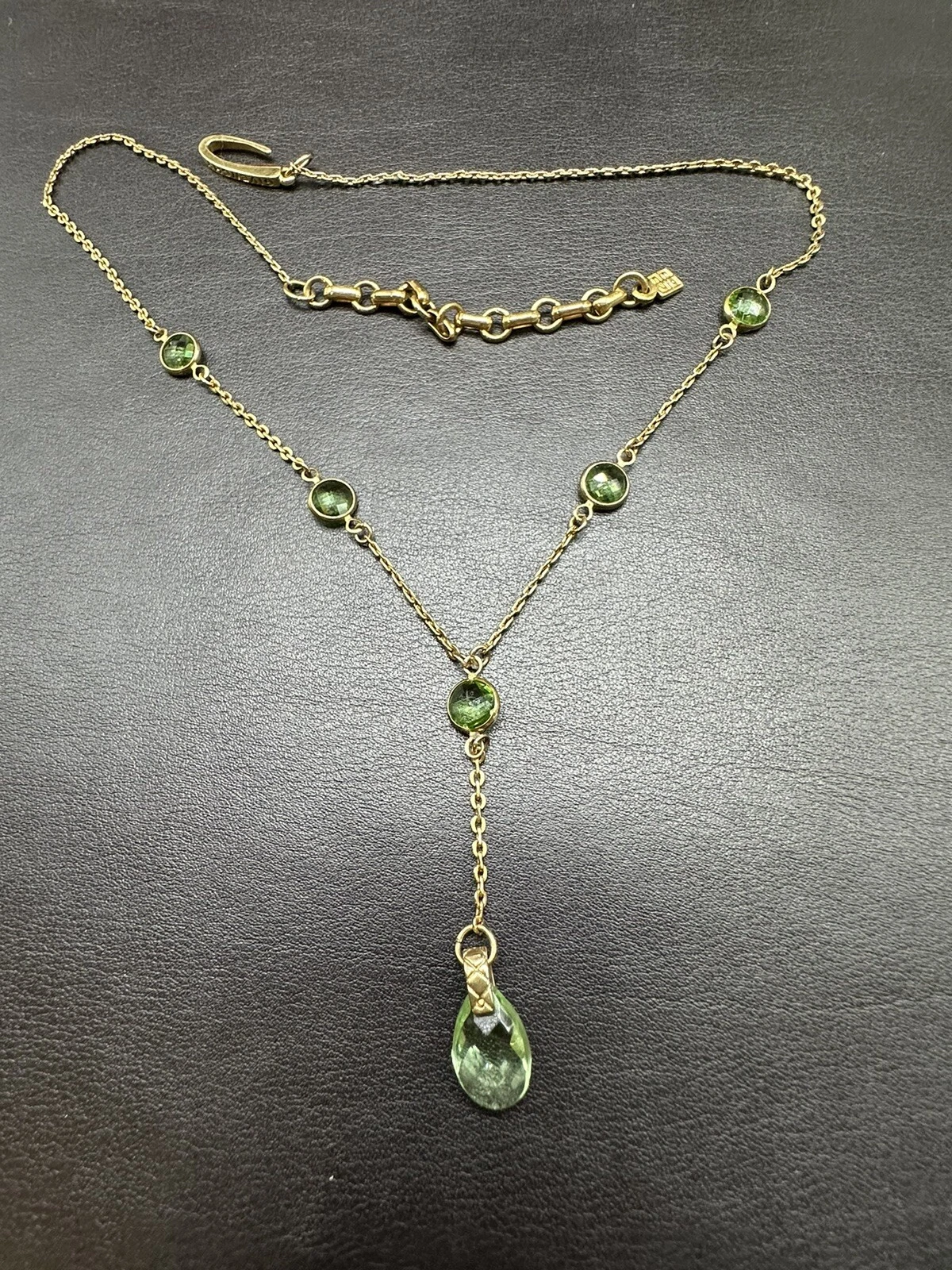 Collana vintage Givenchy goccia vetro cristallo verde catena tono oro