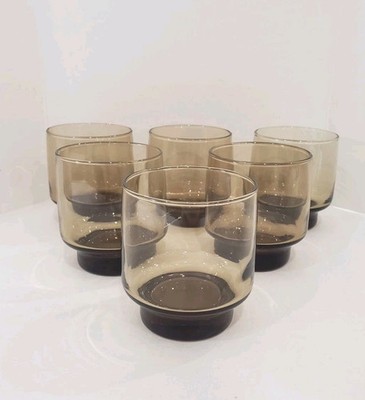 6 Pc Vintage Libbey Tawny Accent 1970s 9oz Stackable Glasses Smoked Mid Century 