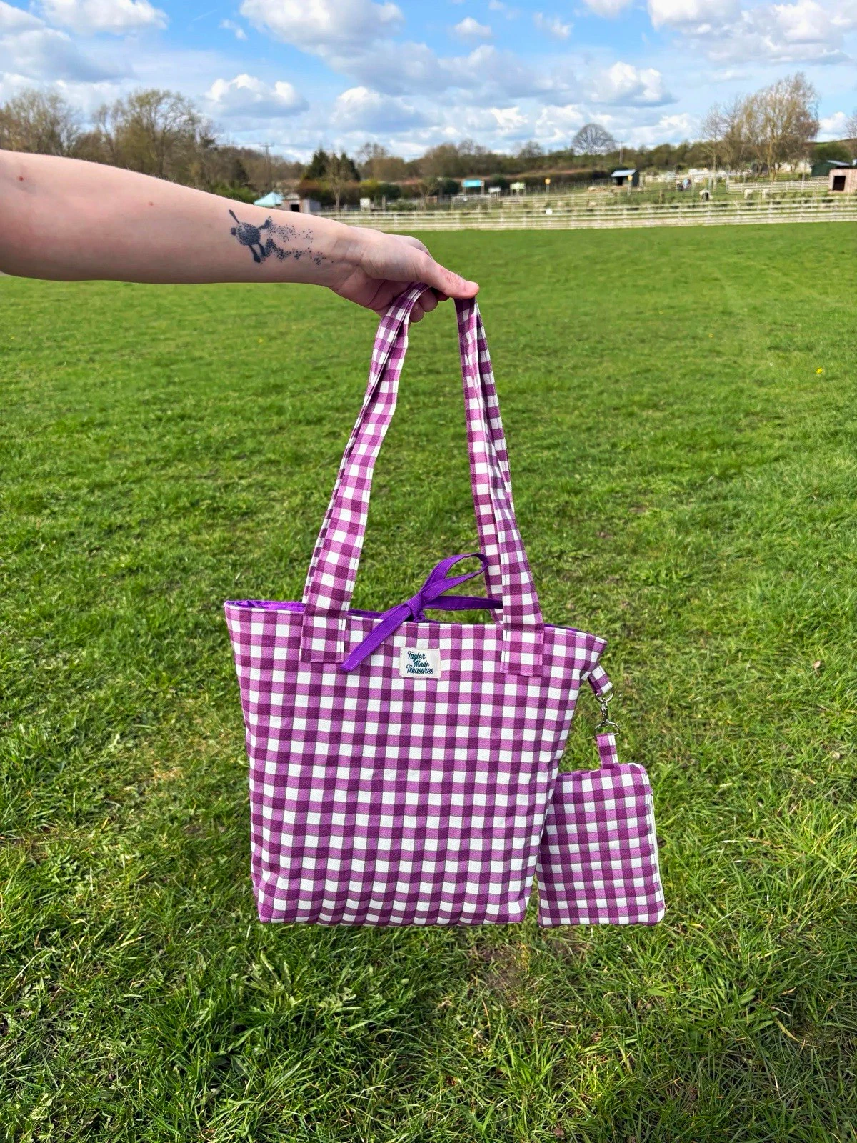 Taylor Made Treasures Purple & White Gingham Canvas Tote Bag, Bow, Pouch
