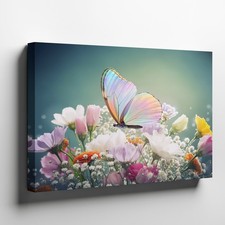 Iridescent Butterfly on Colorful Spring Flowers Canvas Wall Art Nature Print