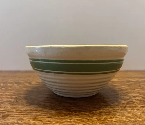 Hull Beehive Yellowware Green Stripe Mixing Bowl