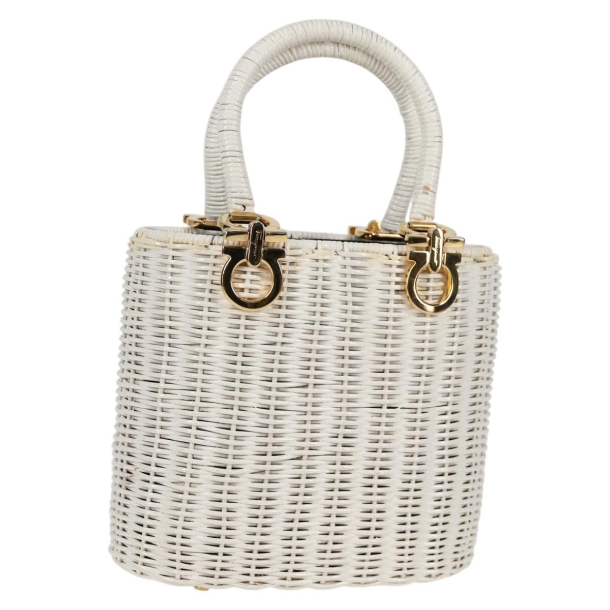 Salvatore Ferragamo Gancini Hand Bag Raffia White Gold Auth