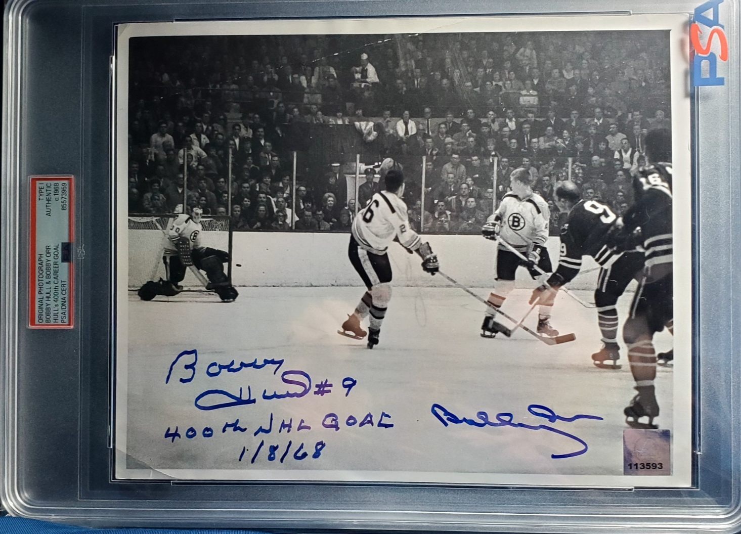 Bobby Orr Autographed Signed 1968 TYPE 1 8X10 PHOTO (BOBBY HULL'S 400TH GOAL) PSA 
