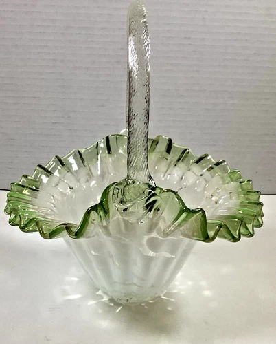 Vintage Fenton Glass Basket/Clear, White Abstract Pattern & Green Ruffle Edge