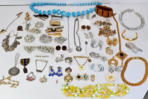 Vintage Rhinestone Costume Jewelry Junk Drawer Lot Brooches, Bracelets, Earrings