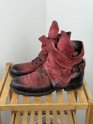 A.S.98 Red/Black Leather Strap Ankle Biker Buckle Boots EU 41 US 8,5 UK 7,5