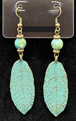 Handmade Verdigris Leaf with Aqua & Green Agate Bead Earrings by Neanie-Bot
