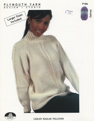 Cabled Raglan Pullover Plymouth Yarn KNITTING PATTERN P186 Larger Sizes Included