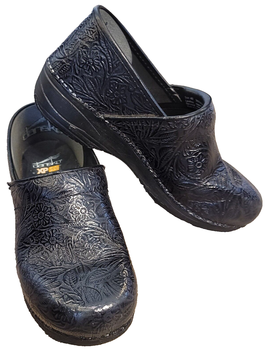 Dansko Womens Professional XP 2.0 Black Floral Tooled Leather Clog