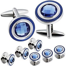 Crystal Cufflinks and Studs Sets for Men's Tuxedo Shirts,Including One Blue