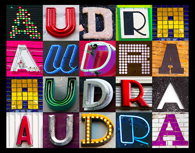 AUDRA Name Poster featuring photos of actual sign letters