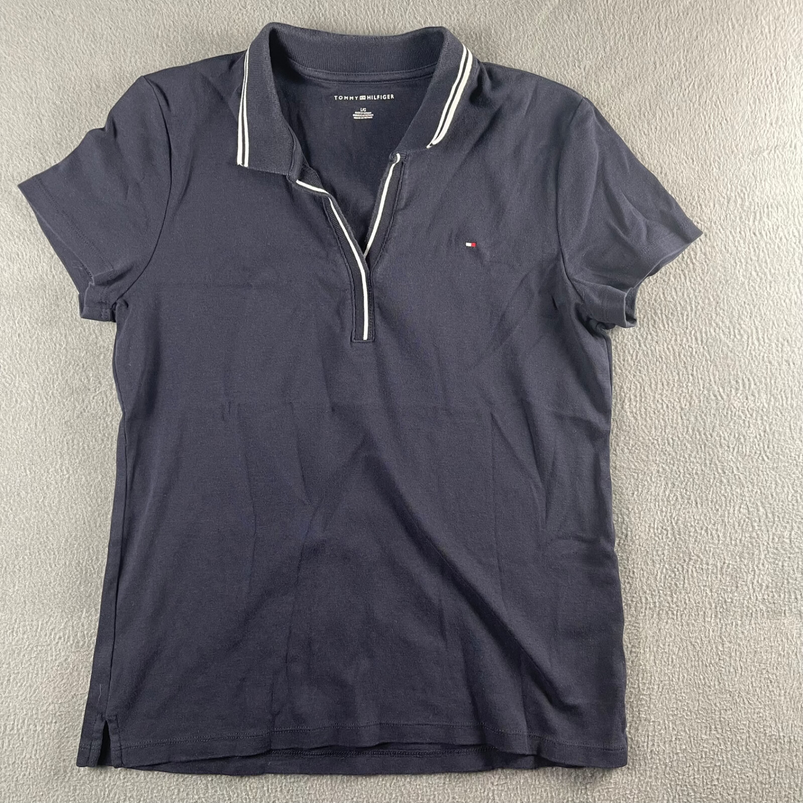 Tommy Hilfiger Women's Large Abby Polo Shirt Blue Short Sleeve White Preppy