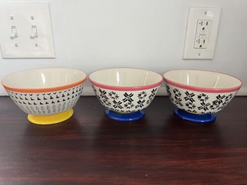 West Elm Set Of 3 Beautiful Patterned Pink, Blue, Yellow, And Orange Bowls - Picture 1 of 3