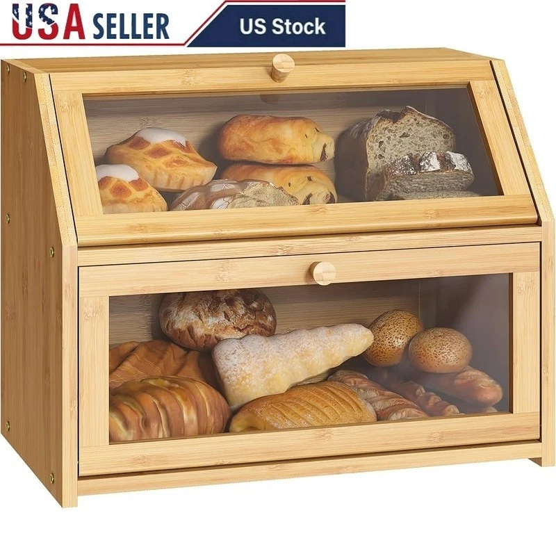 Bamboo Double Bread Box Kitchen Organizer Acrylic Door Space Saver Storage New