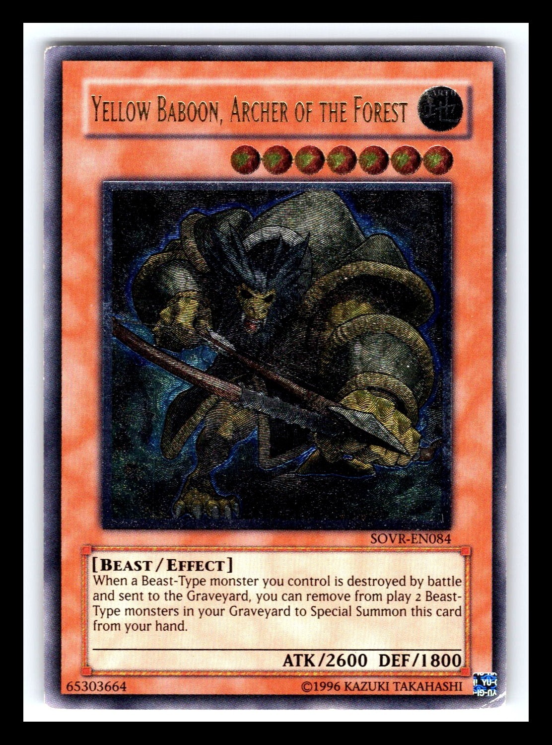Yellow Baboon, Archer of the Forest SOVR-EN084 YuGiOh Stardust Overdrive trading card — raw and PSA graded price guide