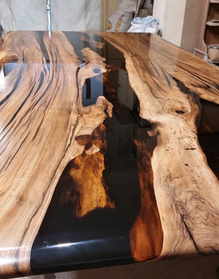 Custom Walnut Wood Epoxy Resin Dining Table – Handmade Black Clear River Table - Image 2 of 4