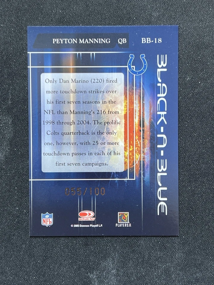 2005 Peyton Manning Zenith Black-n-Blue GOLD serial Numbered /100 - BB18 Colts - Image 2 of 3