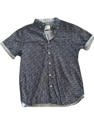 Boy s Short Sleeve Navy Micro-Print Button-Up Shirt Large (14)