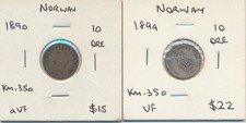 Norway: 1890, 1899 Silver 10 Ore KM-350 (2 Coins)