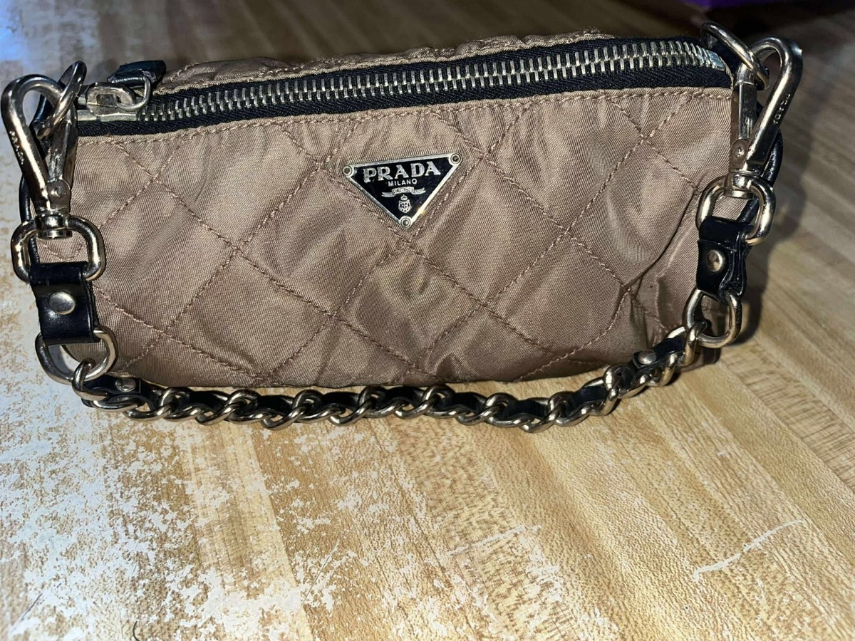 Rare vintage 90's Prada mini nylon quilted beige vinyl wrist bag
