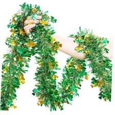 St Patricks Day Garland Decor,50Ft Glitter Tinsel Irish Shamrock Garland Gold