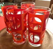 4 VTG Georges Briard Red Half Circles MCM Highball Rocks Glasses RARE