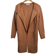 Anrabess Women's Tan Solid Open Front Comfort Long Sleeve Trench Coat S Small