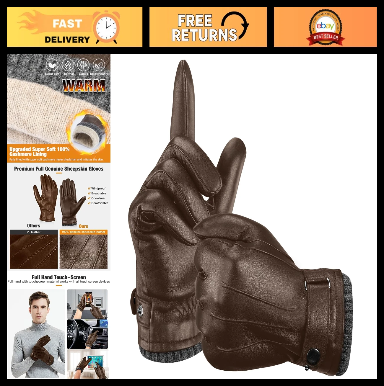 Warm Touchscreen Leather Gloves for Men, Soft Lining, Full Hand, Winter Gift