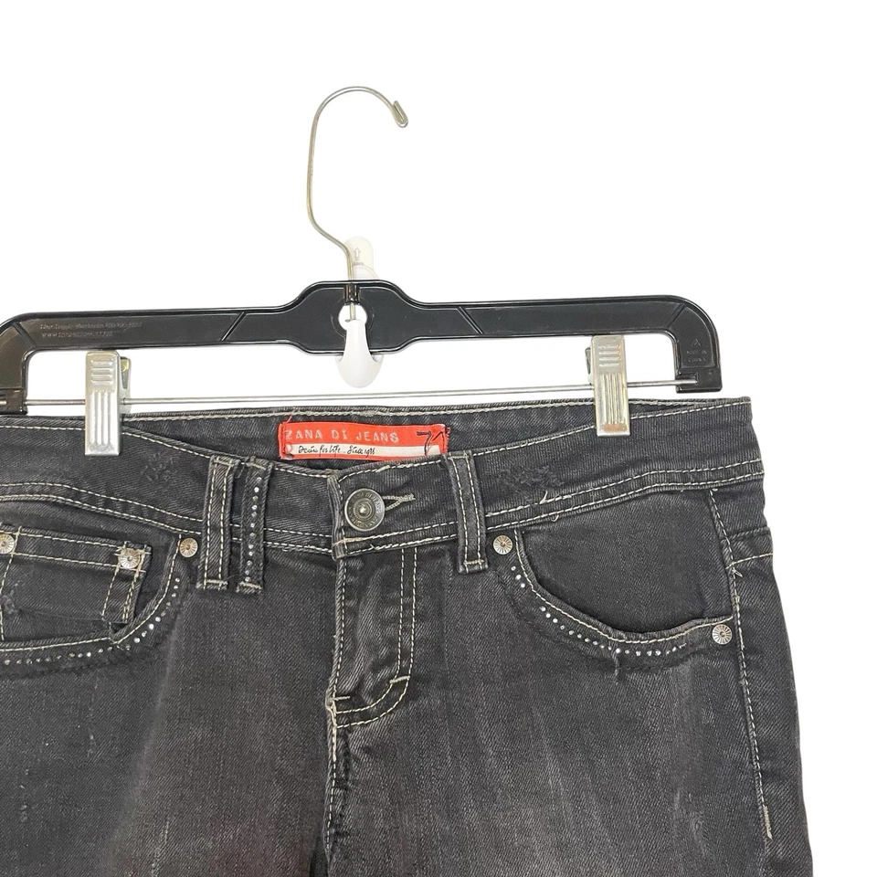 Женские джинсовые шорты Zana Di Bermuda 7 черные искусственно состаренные со стразами средняя посадка Y2k - Изображение 3 из 4