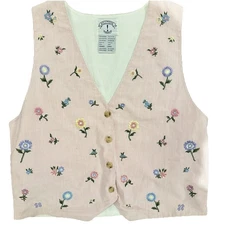 Vintage Stripe Embroidered Vest Large Pink Flowers Western Country