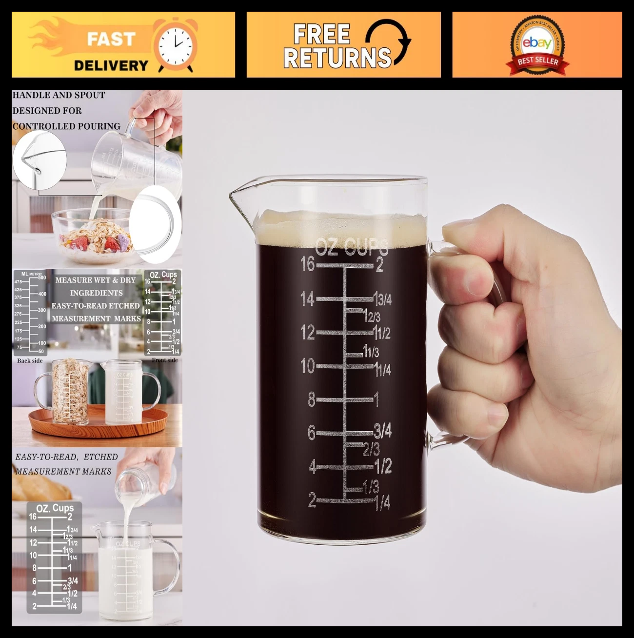 Graduated Glass Measuring Cup with Insulated Handle & V-Shaped Spout - 500 ML (1