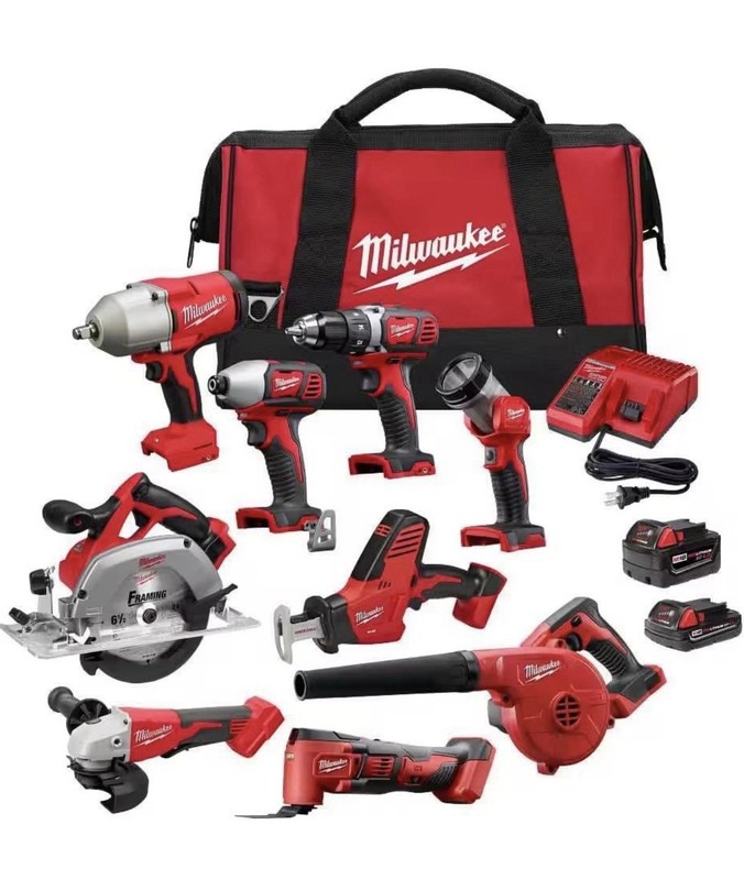 Milwaukee M18 Combo Kit Drill, Impact Driver, Saw, Grinder, Blower, Light, Bag