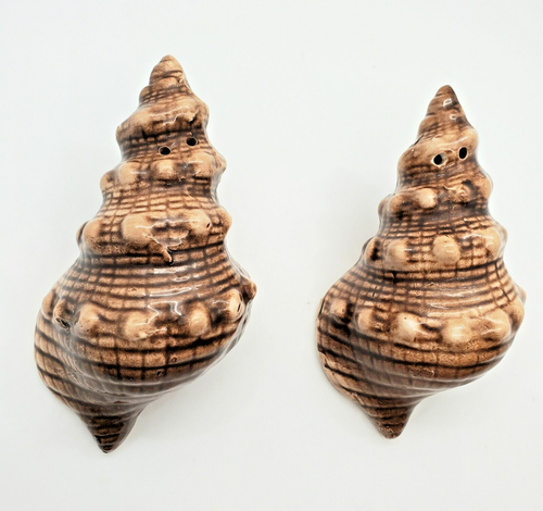 Ceramic Conch Shell Salt and Pepper Shakers Nautical Sea Snail Brown Vintage - Picture 9 of 13