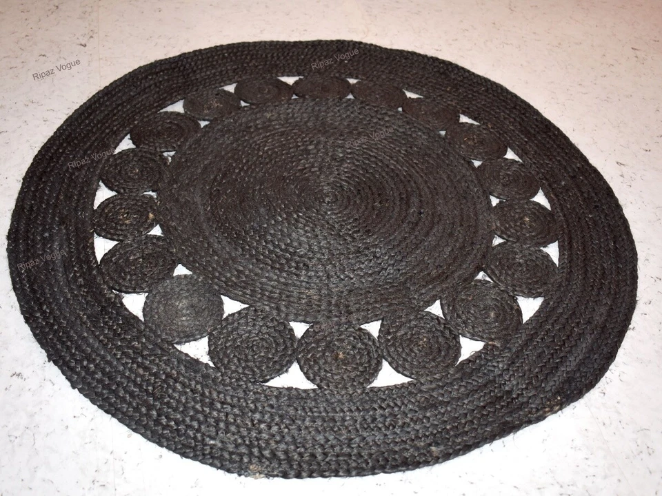 Rug Black Jute Circle Design Round Area Rug for Living Room, Hallway, Office - Image 2 of 4