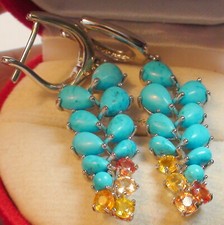 NATURAL TURQUOISE, NATURAL SAPPHIRE EARRINGS SOLID 925 STERLING SILVER