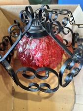 mid century swag Vintage Hollywood Regency Wire Cage Swag Pendant Light with Smoked Glass — listing 3