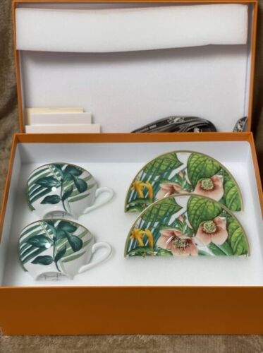 Hermes Passifolia Tea Cup Saucer Tableware 2 set Green Botanical Coffee Auth New