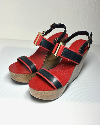 Tory Burch Volcano Angeline wedge sandals SZ 8.5 RED blue gold LEATHER SUPERB