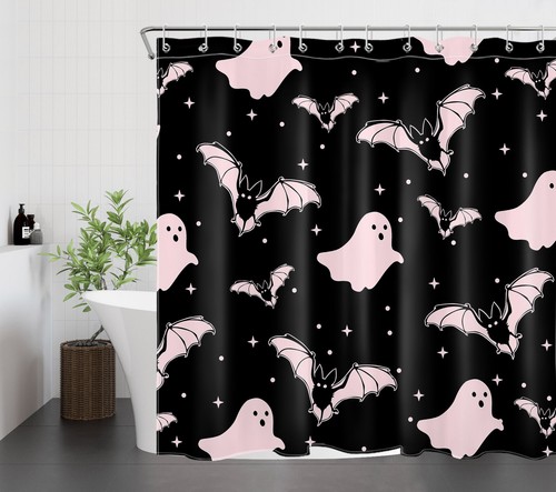 Creepy Bat Pink Ghost Black Halloween Shower Curtain Bathroom Accessories Set - Picture 4 of 21