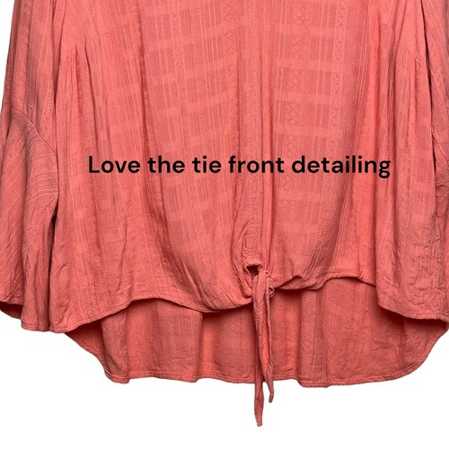 Torrid Sz 2 Coral Textured Gauzy Woven Tie Front Bell Sleeve V Neck Top US 18 - Picture 6 of 15