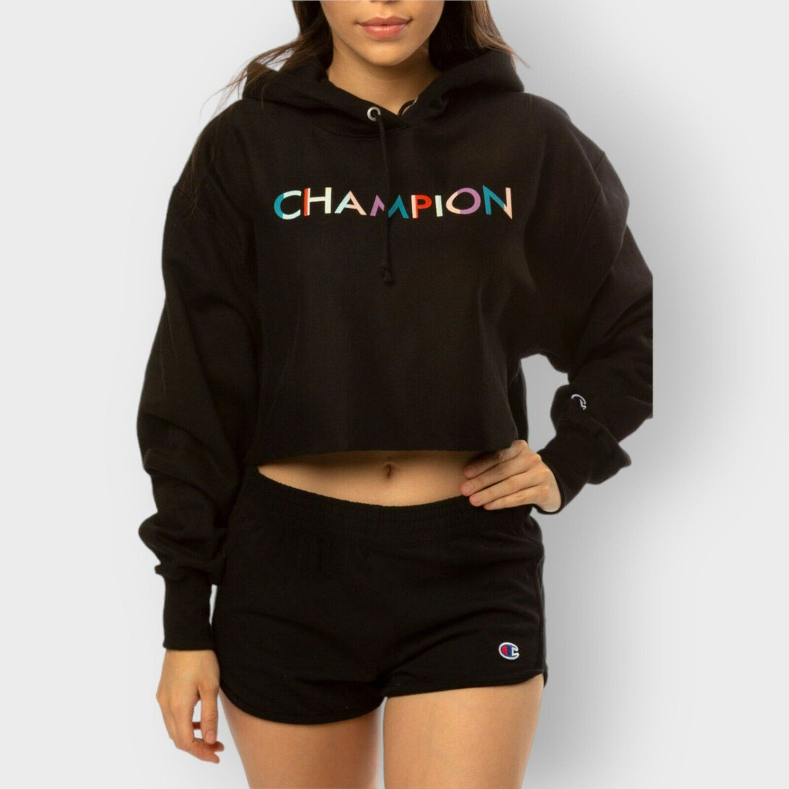 Champion C-Life Cropped Sweatshirt Reverse Weave Crew Graphic Script Spellout S