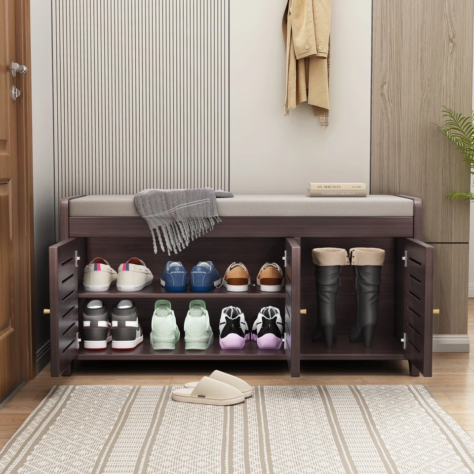 Shoe Storage Bench, Solid Wood with Cushion, Multi-Compartment Organizer, Modern - Image 2 of 4