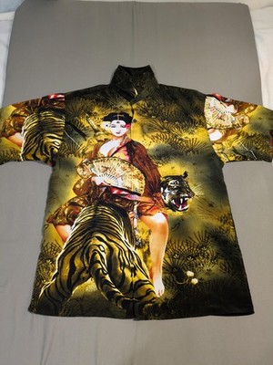 New Vintage Anime Shirt Mens Large Black Gold All Over Tiger Geisha Button Up