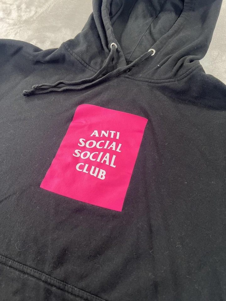 Sudadera con Capucha Anti Social Social Club Para Hombre Grande Negra Rosa Logo de Caja 100% Algodón EE. UU. Foto 2 de 4