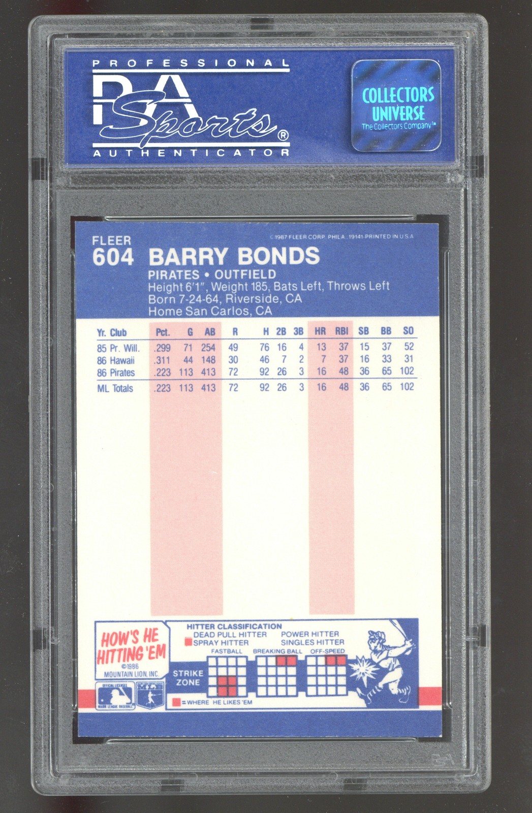 1987 Fleer #604 Barry Bonds Glossy PSA 8 ROOKIE RC view 2