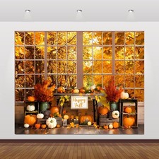 10x8ft Fall Thanksgiving Backdrop Autumn Forest Window Pumpkin Harvest Prop