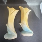 2 Vtg Shawnee Lily Vases  Yellow and Blue Ceramic Small 5" Set USA